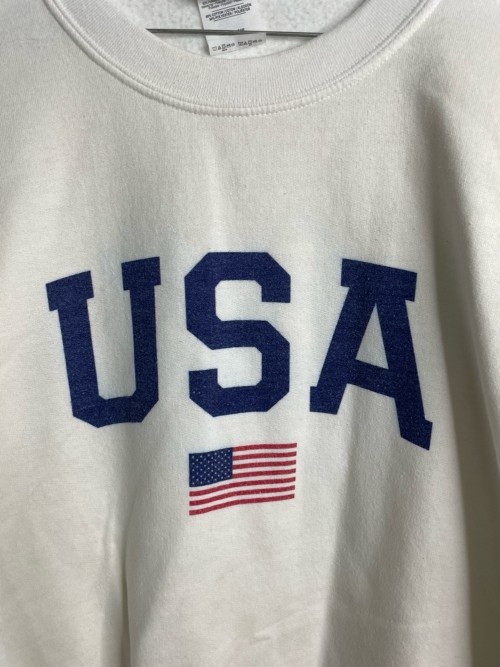 Gildan White Heavy Blend Crewneck USA Sweatshirt with Blue Logo Tag